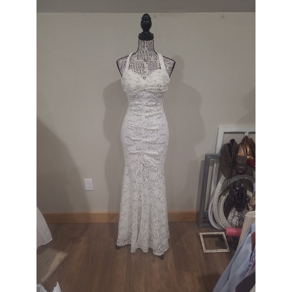 Cindy USA White Halter dress Stretch Lace Ruching mermaid wedding women SZ XS